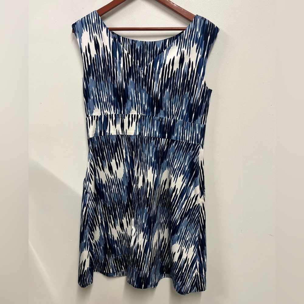 Calvin Klein Dress Ikat Print Cotton Blue & White Sleeveless A-line MIDI size14